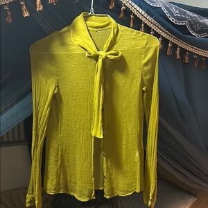 Chartreuse Vintage Tie Detail Long Sleeve Blouse